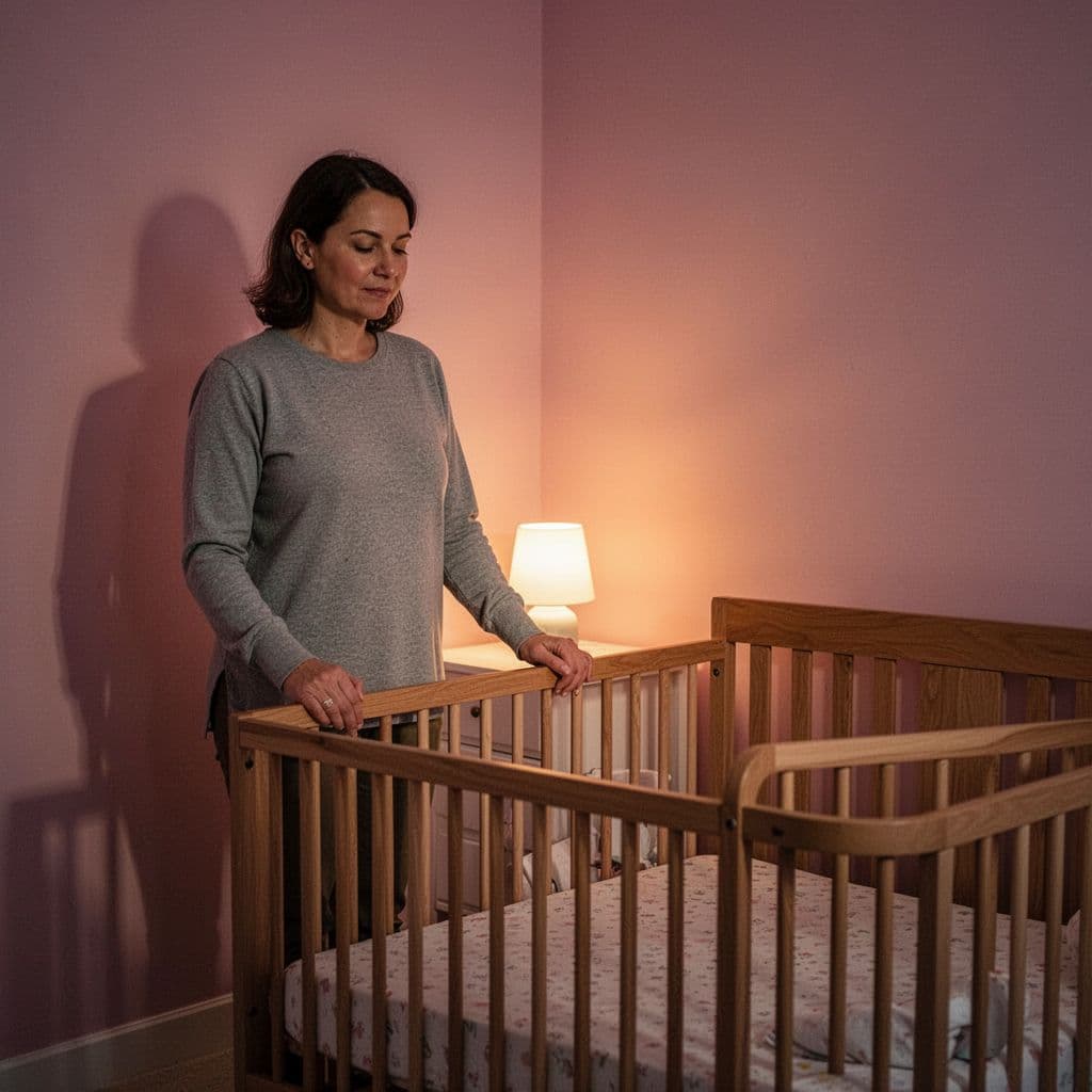 A parent stands beside a crib in a dimly lit nursery at night.