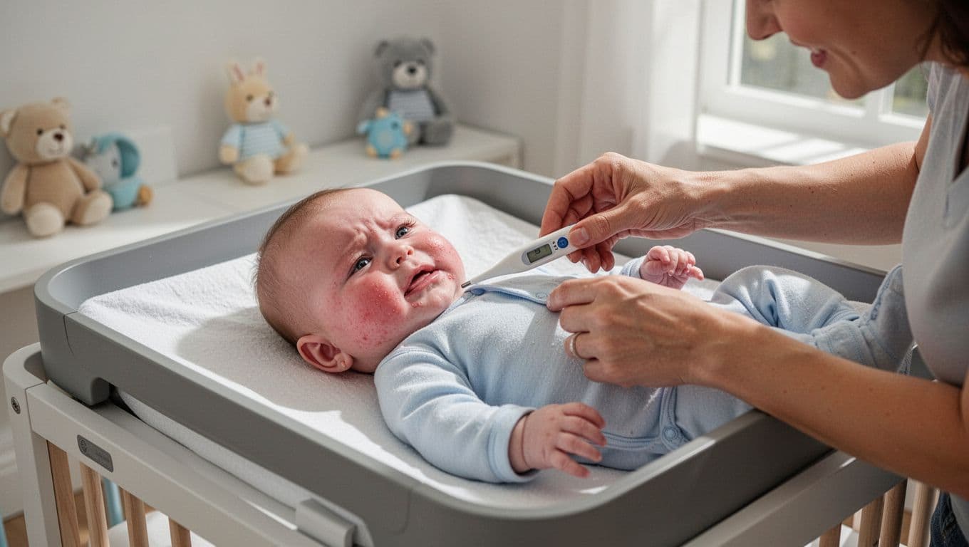 Adult hand gently takes rectal temperature of 6-month-old baby with flushed cheeks on changing table in bright nursery.