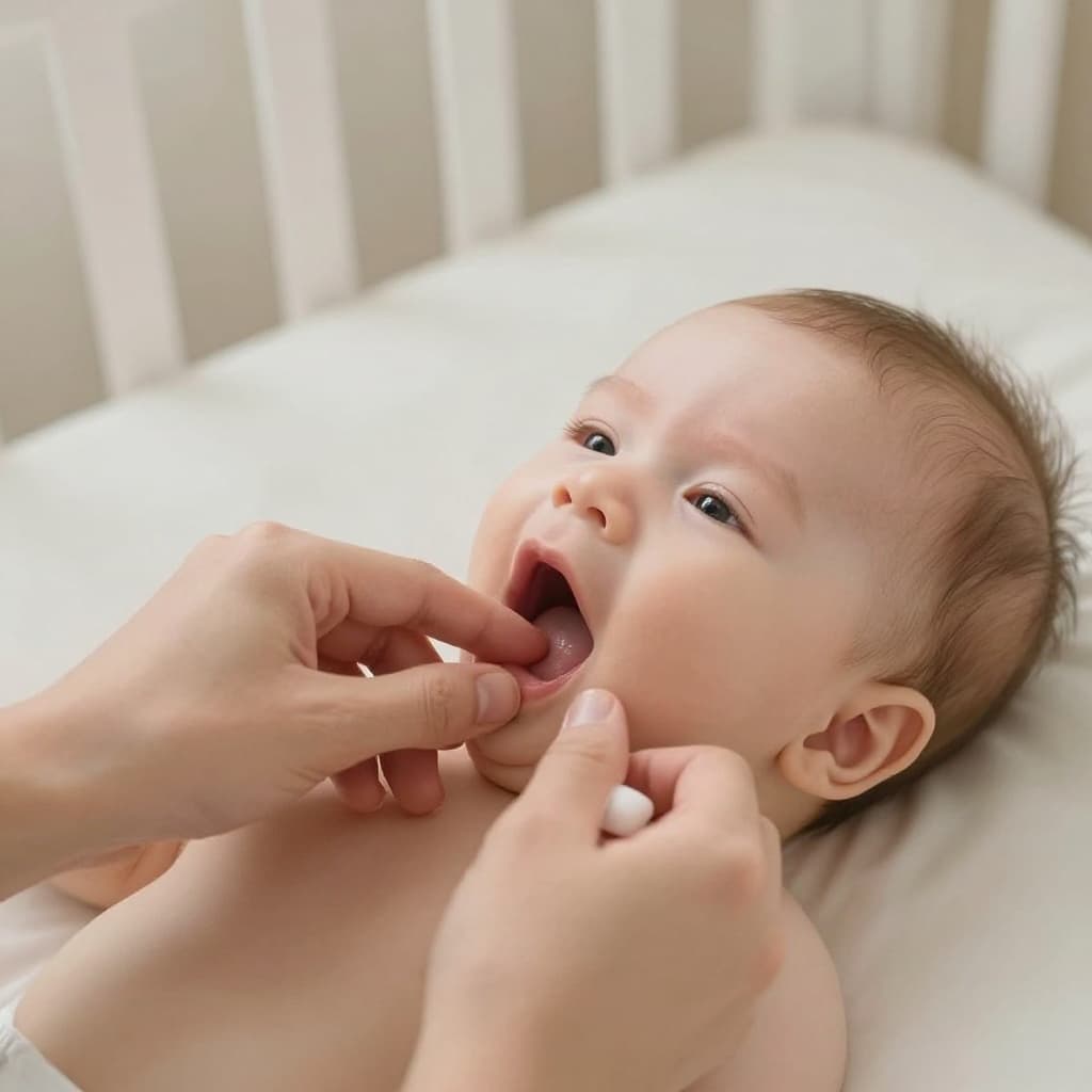 A parent gently checks their baby's mouth for symptoms in a bright, cozy nursery.