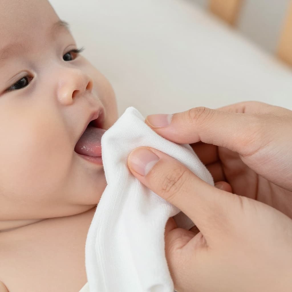An adult hand uses a soft white cloth to gently check an infant's mouth.