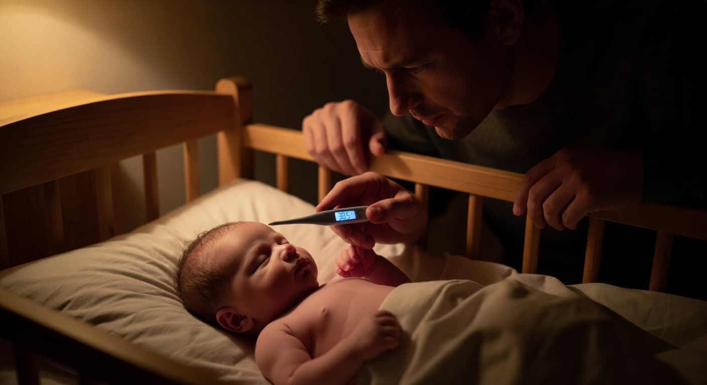 A concerned parent uses a digital thermometer to gently check the forehead of a sleeping infant. Soft, dramatic golden light highlights their faces while casting deep shadows in the room.