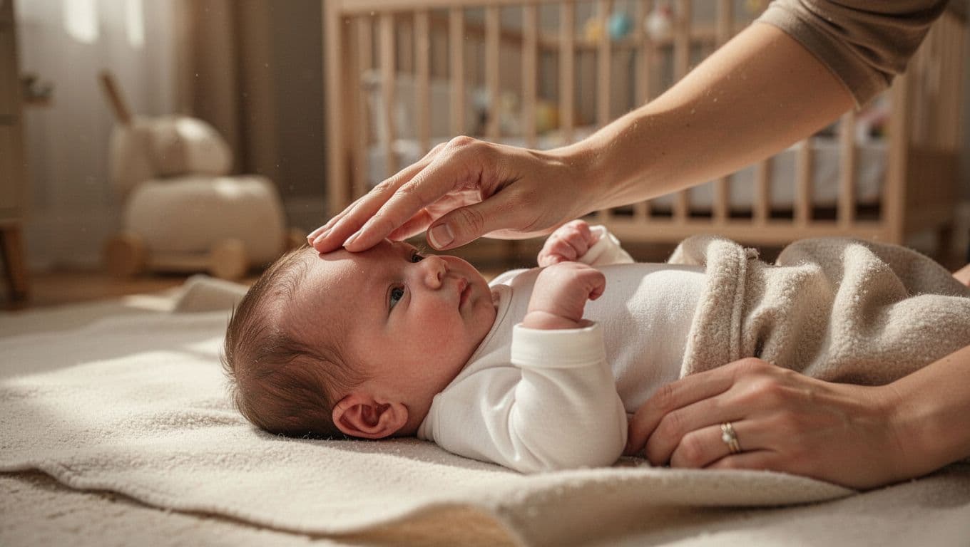 Calm parent gently touches newborn baby's forehead to check temperature in softly lit nursery.