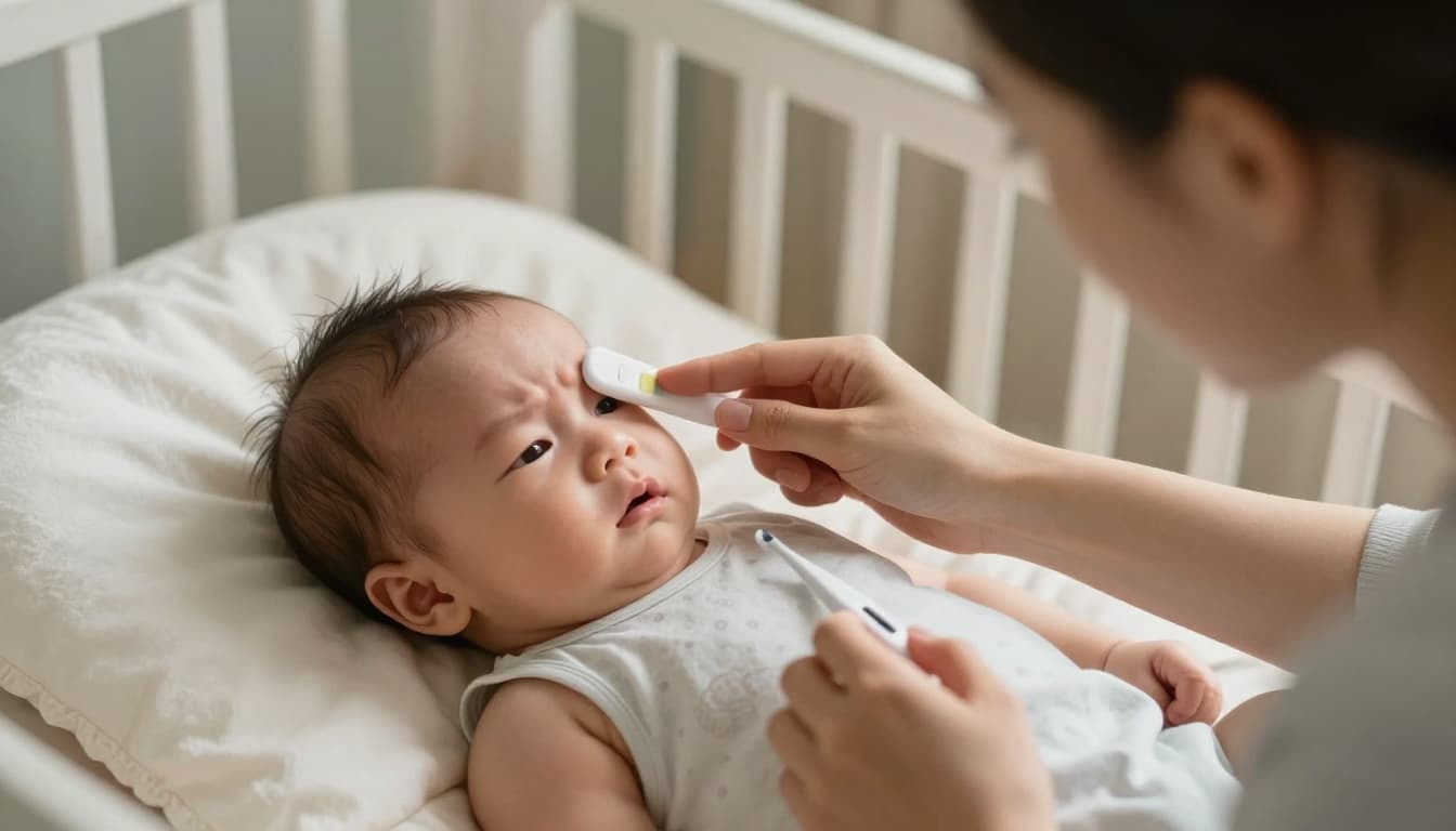 Concerned parent touches fussy newborn's forehead for fever in cozy nursery, thermometer nearby on blanket.
