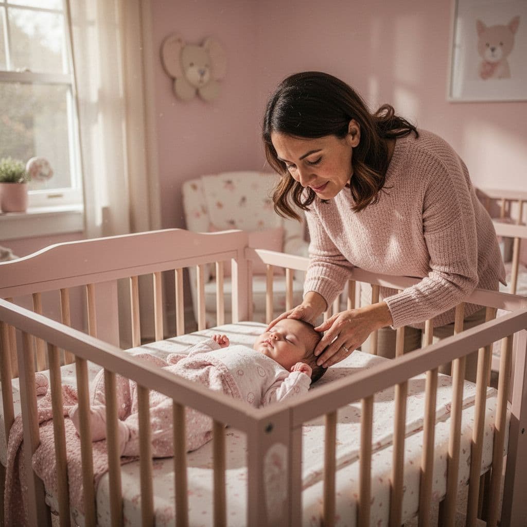 A parent looks down at their baby resting peacefully in a wooden crib inside a cozy nursery.