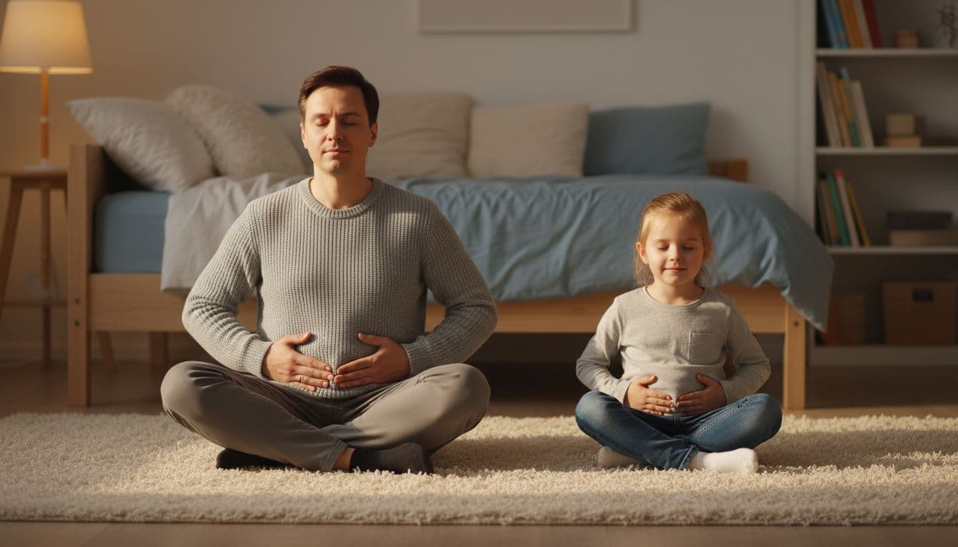 A parent and child sit cross-legged on a cozy bedroom rug, hands gently on their bellies, eyes closed with relaxed faces, practicing balloon belly breathing under soft evening lamp light.