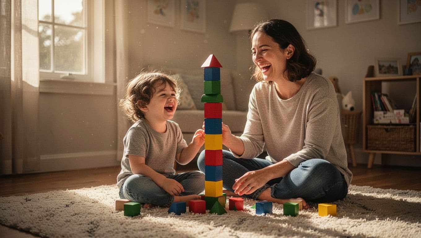 A smiling parent and toddler sit on a plush rug constructing a vibrant wooden block tower. Sunlight floods the room, creating a cozy atmosphere focused entirely on their shared creative activity.