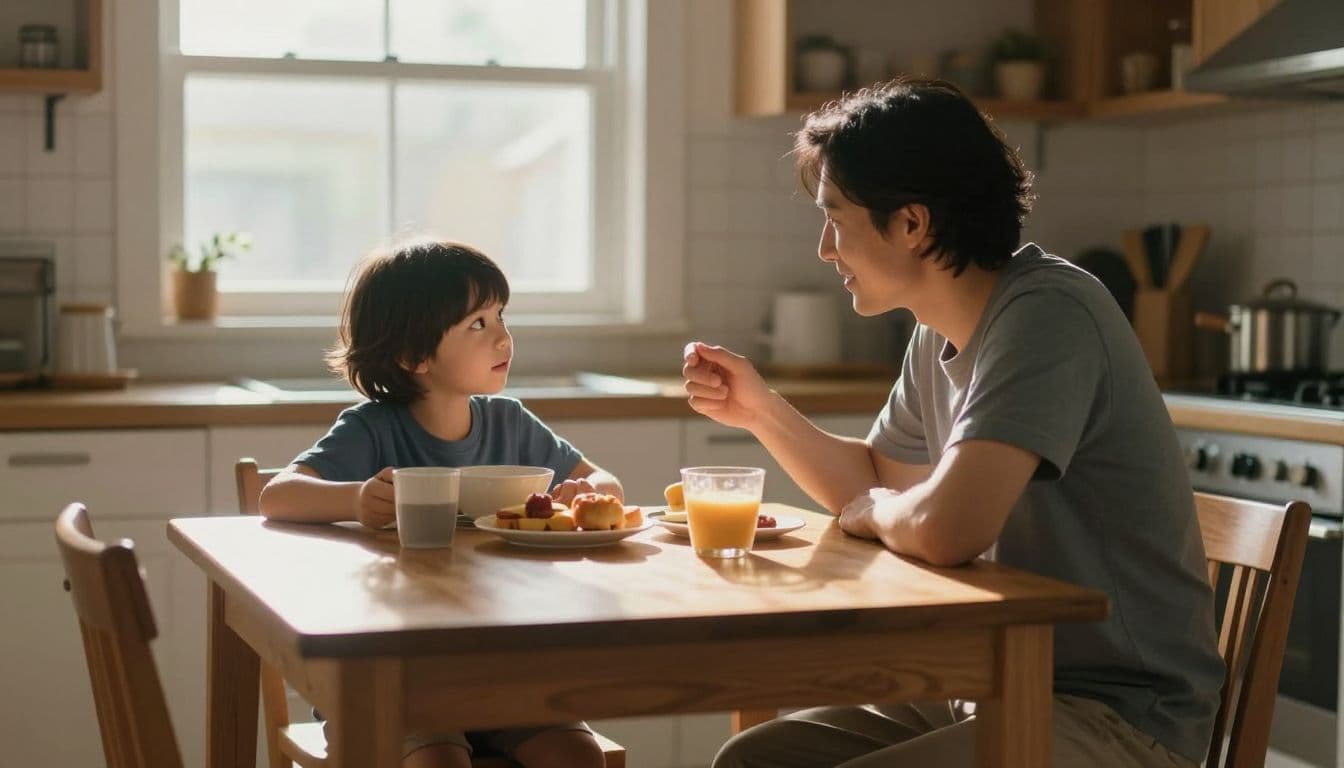 A parent and young child sit across from each other at a rustic wooden kitchen table. Golden morning light floods through the window, highlighting their expressive faces as they engage together.