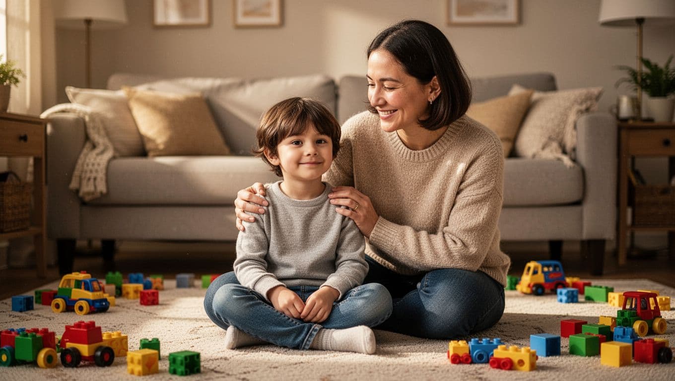 Parent sits eye level with smiling child on living room floor, hand on shoulder, toys scattered.