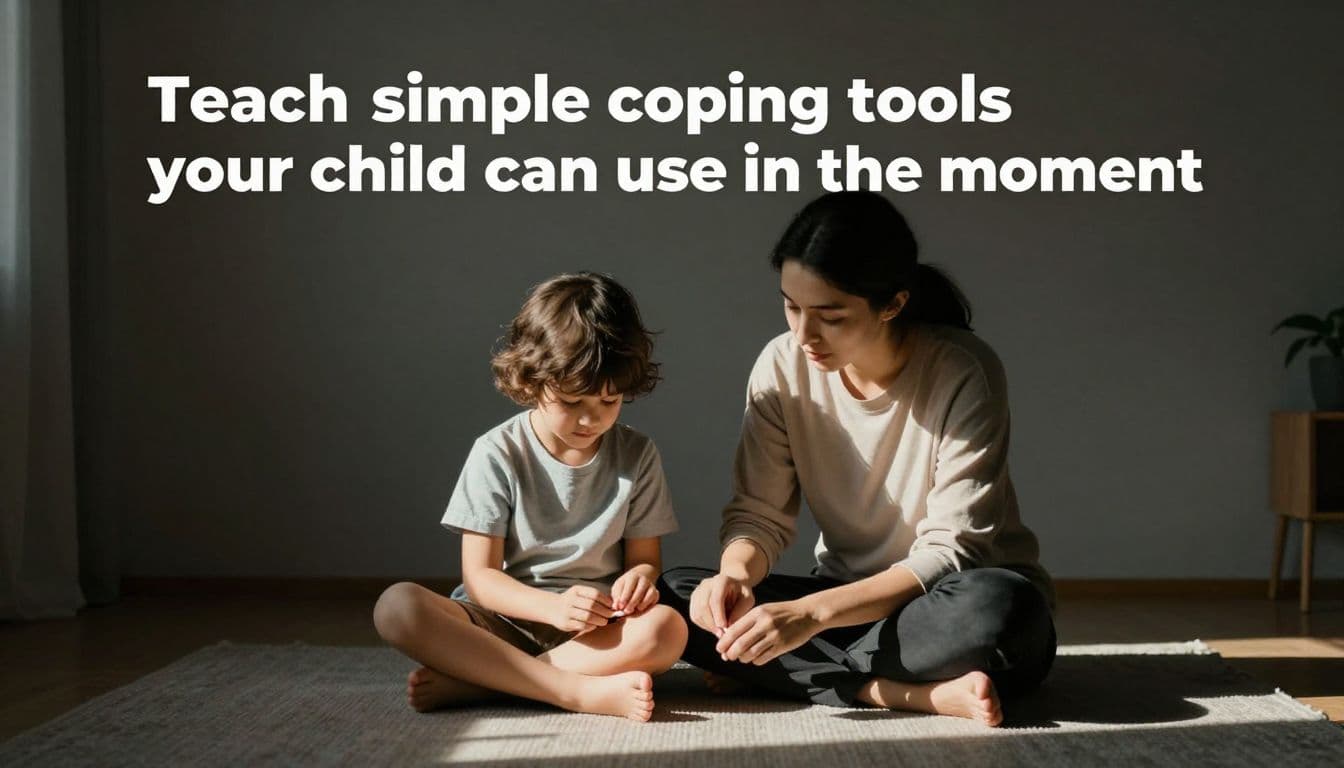 A supportive parent sits beside their young child in a sunlit room, focusing on a tactile breathing exercise. Soft light streams across their hands as they practice a mindful calming technique.