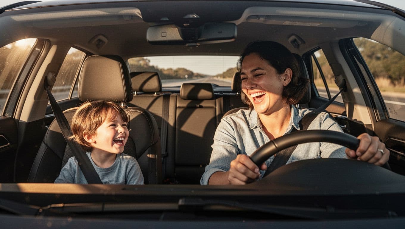 A smiling parent drives a car while a young child in the passenger seat beams with joy. Golden sunlight streams through the glass, highlighting their happy expressions during the commute.