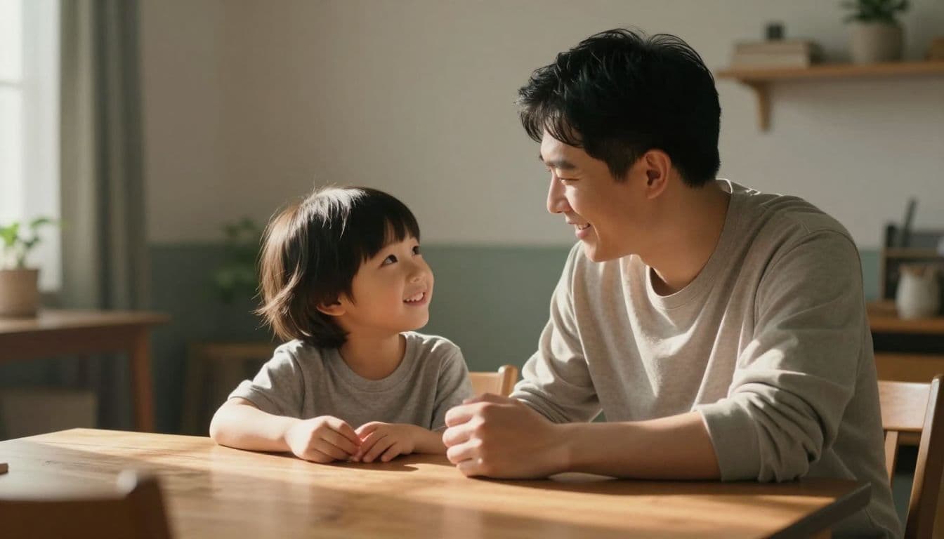 A focused parent sits with a young child at a polished wooden table, engaging in a gentle conversation. Warm sunlight streams through the background, casting a soft glow on their faces.