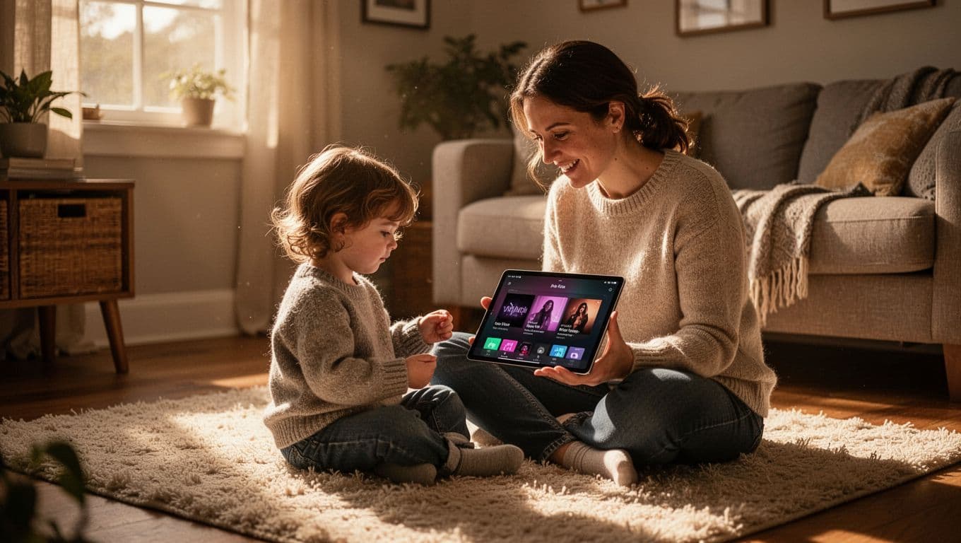 A parent sits on a plush rug with their young child in a sunlit living room. They share a tablet, carefully scrolling through musical options to find the perfect song choice.