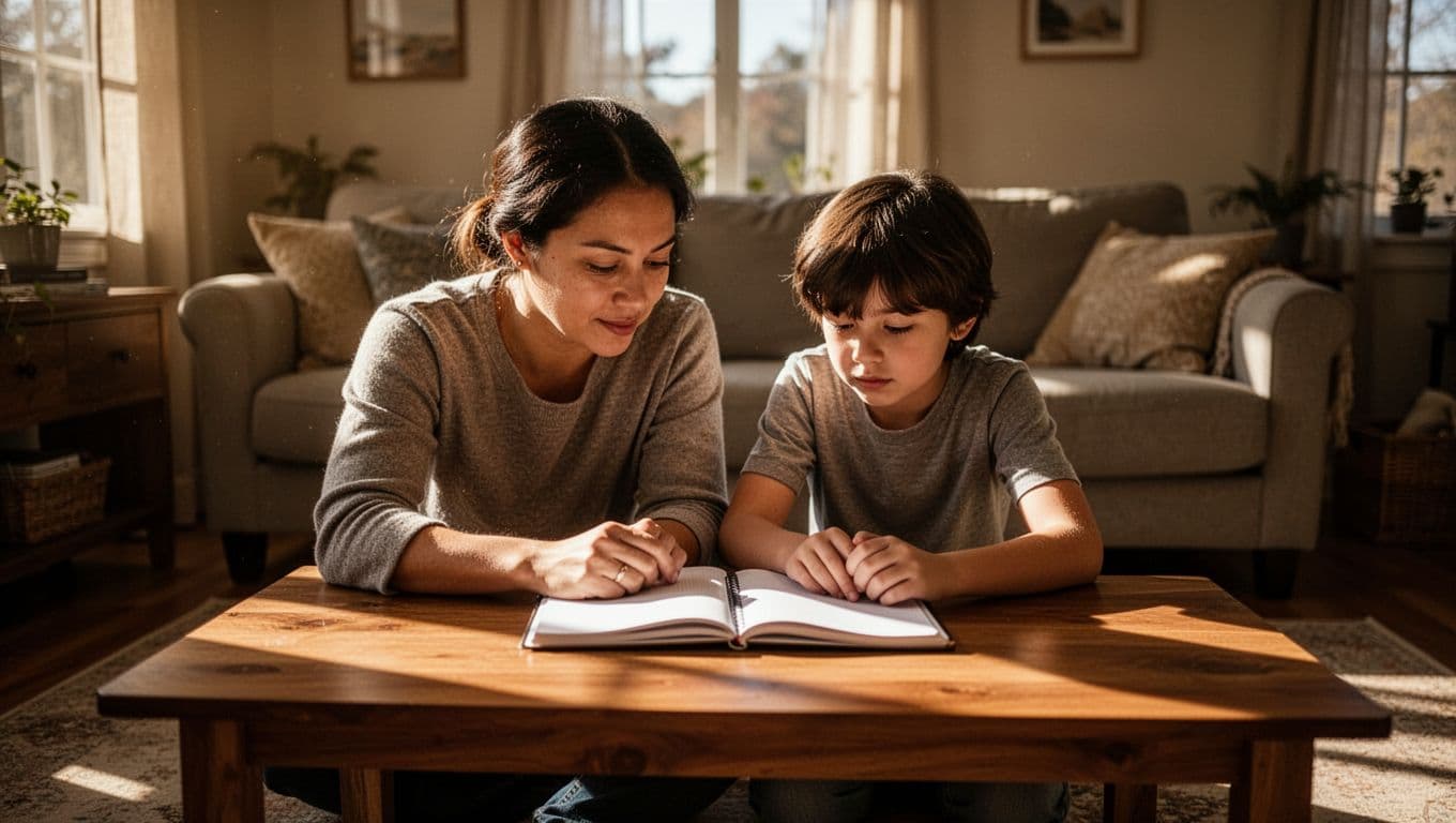 A parent and young child sit closely together in a sun-drenched room, focusing intently on a handwritten notebook. Warm light streams across the table, highlighting their faces and the open pages.