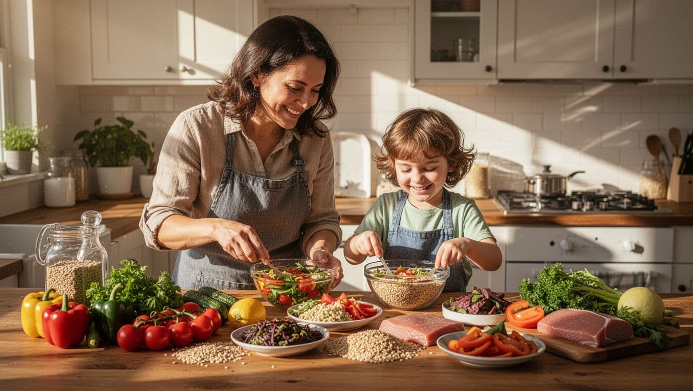 A smiling parent and young child chop fresh vegetables and arrange whole grains on a rustic wooden counter. Warm sunlight illuminates the kitchen, highlighting the vibrant ingredients and their shared joyful activity.