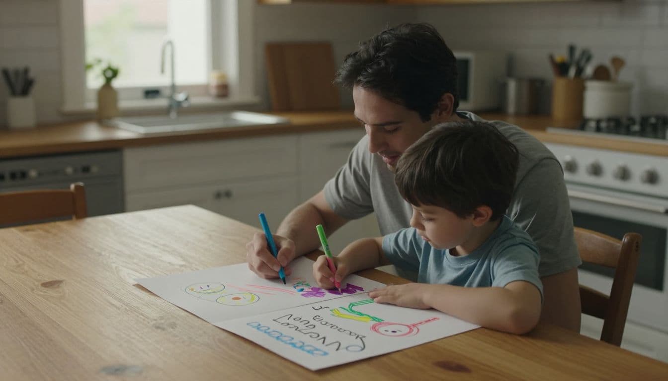 A parent and young child sit across from each other at a wooden kitchen table, creating colorful drawings on large paper sheets while warm sunlight glows through a nearby window.