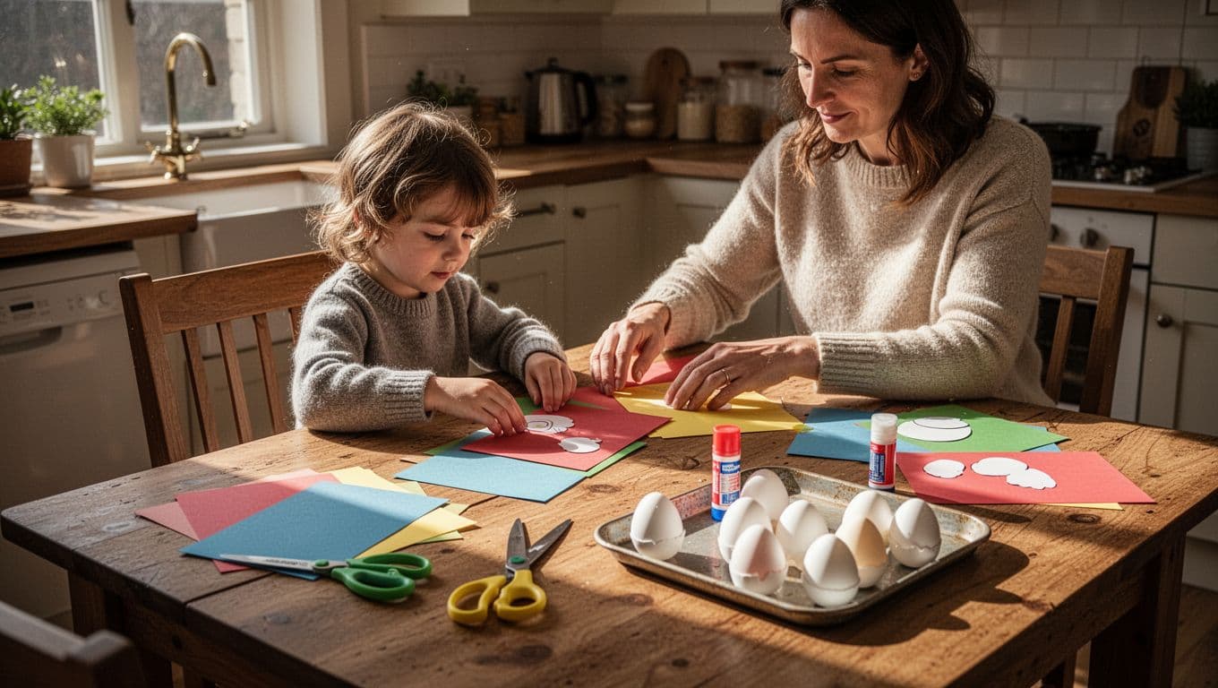 A parent and small child sit together at a wooden table covered in colorful construction paper, scissors, and glue. A plastic tray holds supplies as warm sunlight fills the cozy kitchen.