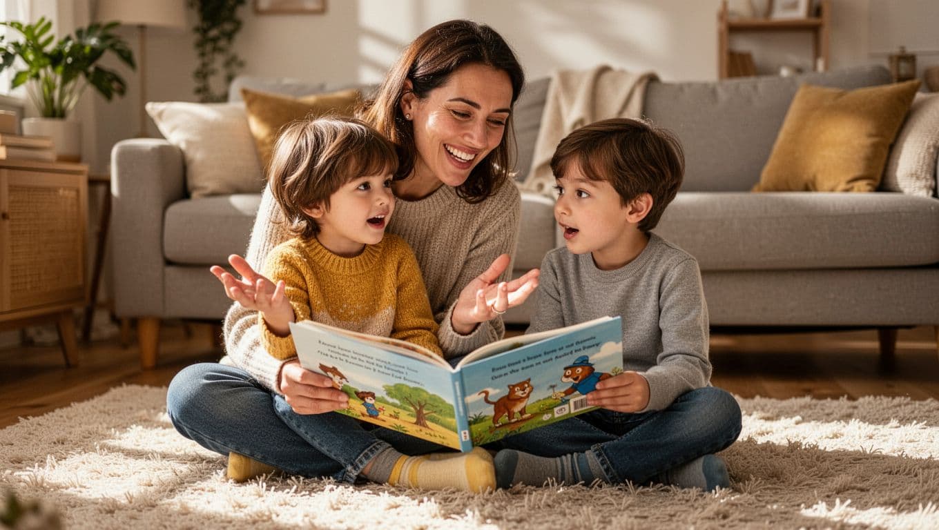 Parent and young child sit on cozy living room rug as parent reads open colorful picture book with smiles and gestures.