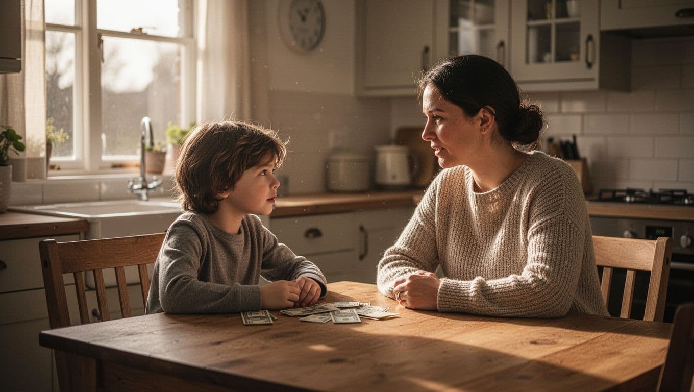 A focused parent sits at a rustic wooden kitchen table while engaging in a deep conversation with their young child. Soft golden afternoon light illuminates the intimate domestic setting and atmosphere.