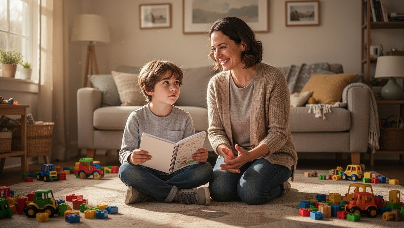 Parent kneels next to 8-year-old child holding homework notebook in cozy living room with warm window light.