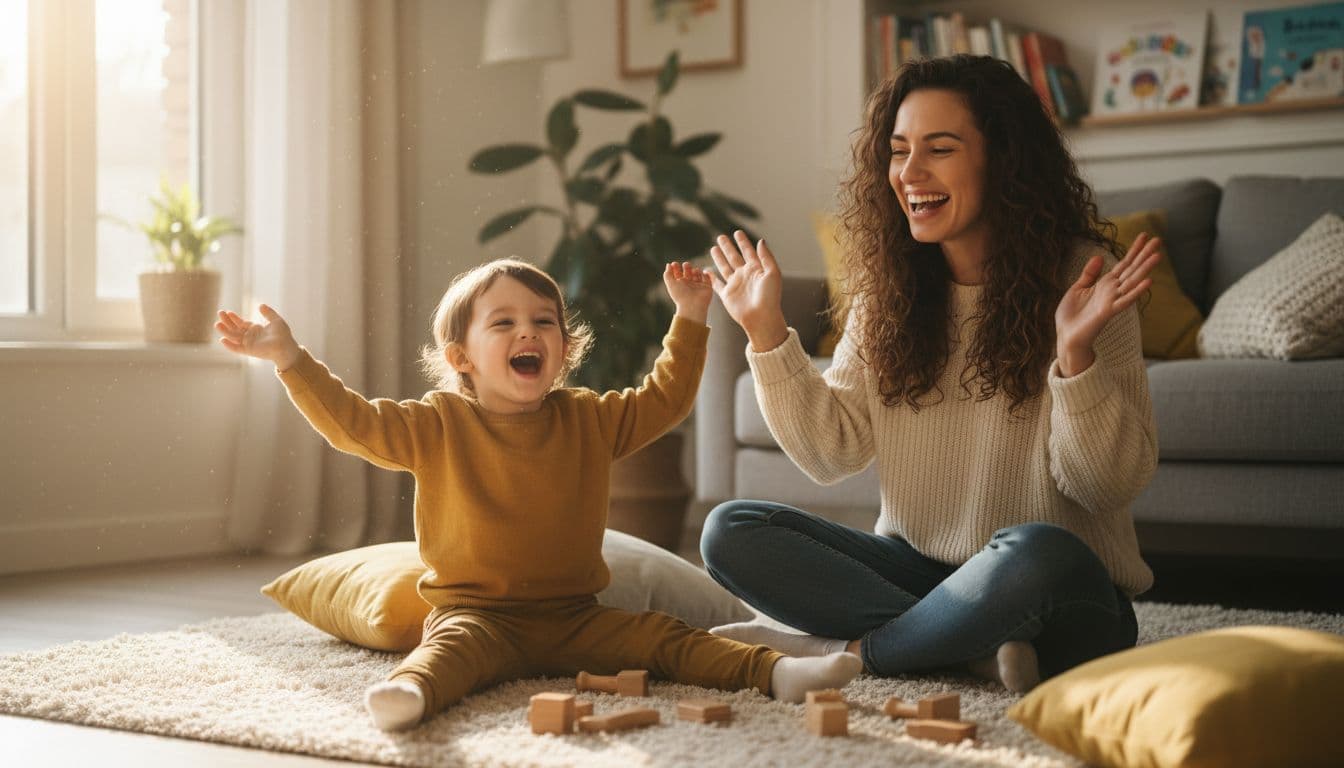 A parent and young child in a cozy living room engage in a mirror game for emotions, with the child joyfully copying the parent's exaggerated happy facial expression, big smiles, arms raised, both laughing naturally in warm natural window light, realistic photo.
