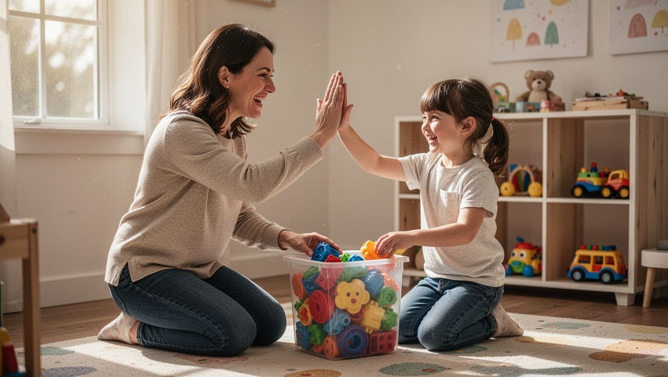 Parent kneels eye-level high-fiving smiling 4-year-old child in playroom, toys in bin and on shelf.
