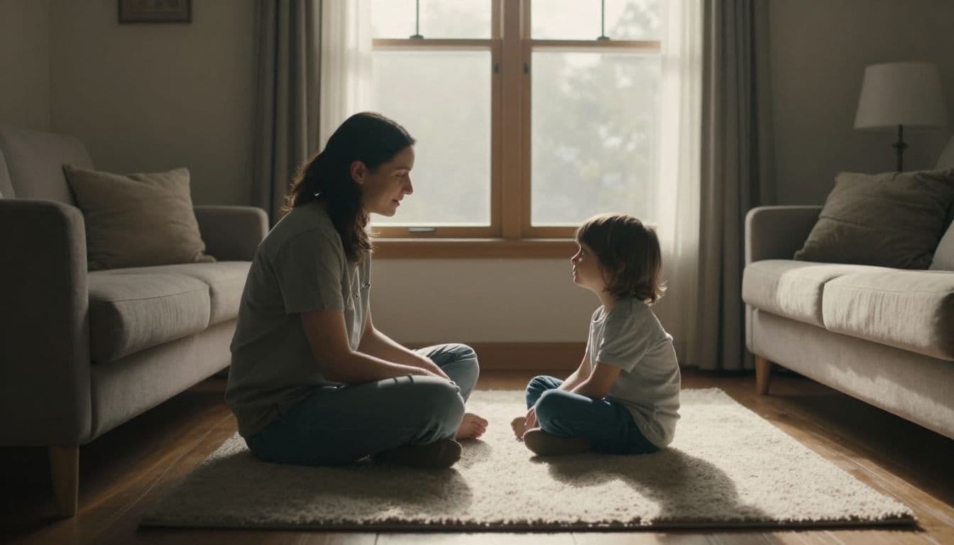 An adult sits on a plush living room rug while gently interacting with a young child. Soft sunlight creates a warm atmosphere as the pair shares a quiet, secure, and supportive moment.