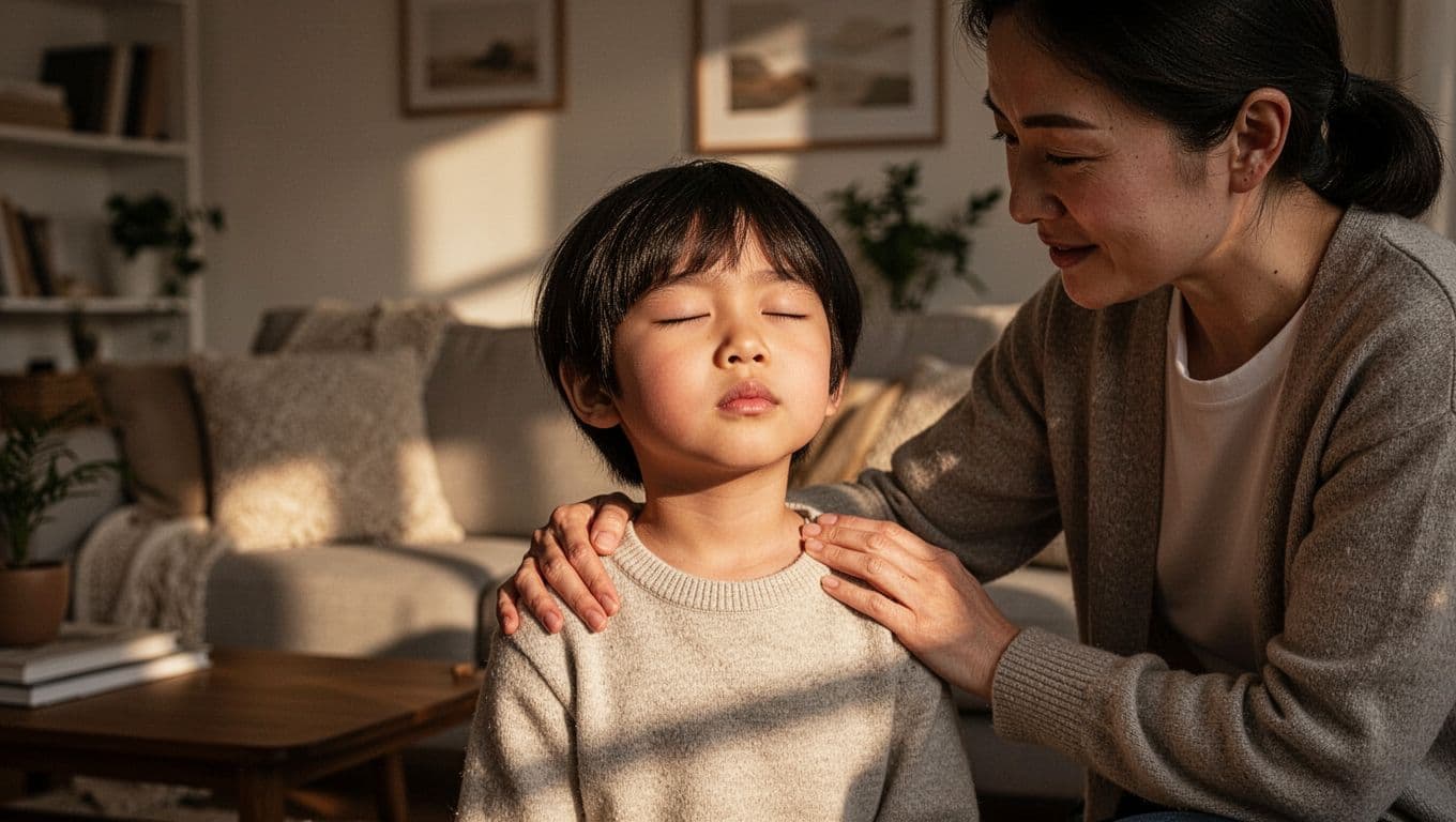 In a cozy living room, a parent rests a supportive hand on a child's shoulder as they practice deep breathing together. Warm, cinematic light casts soft shadows across the quiet scene.