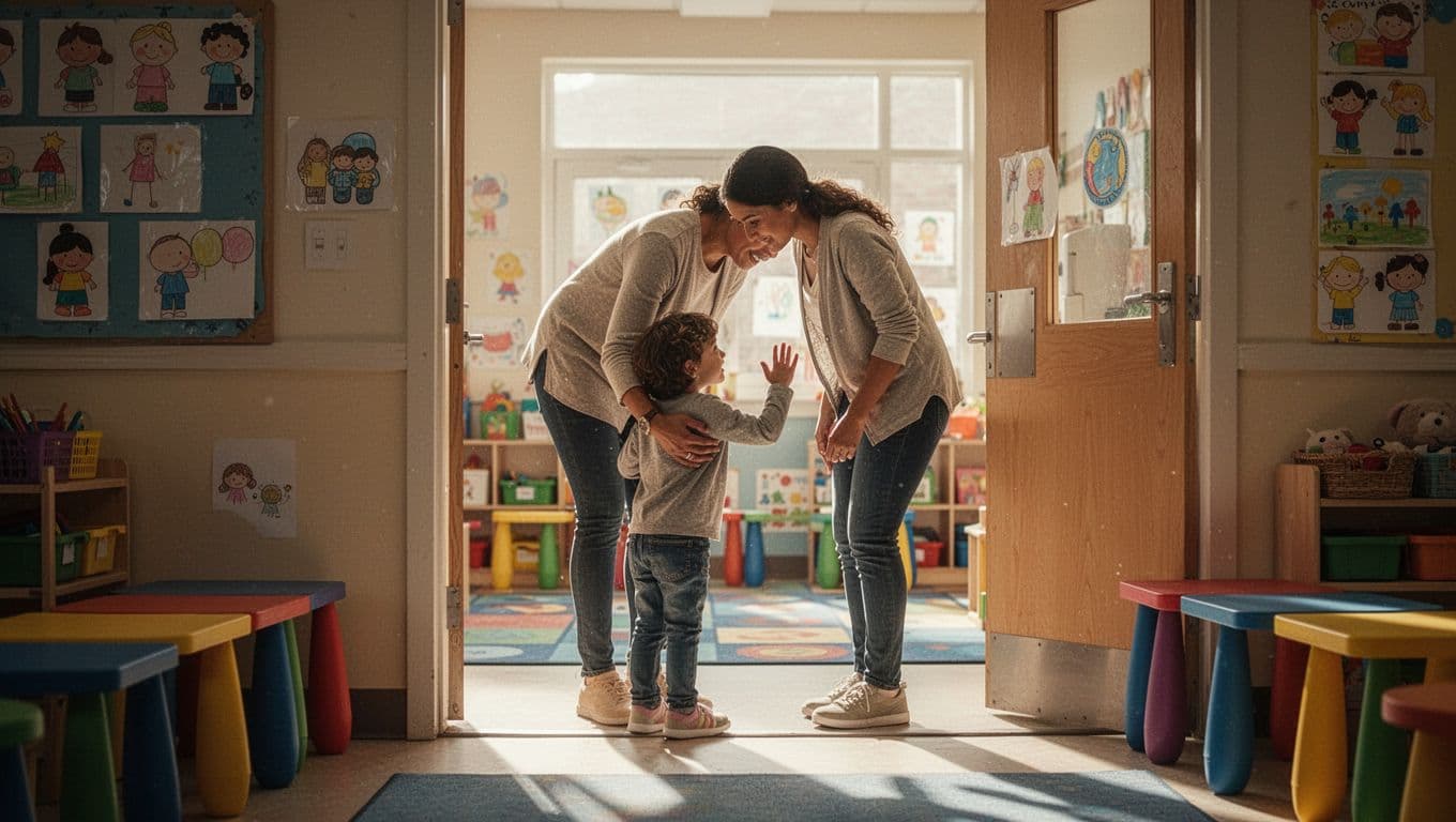 A loving parent kneels to share a heartfelt embrace with their young child at the school doorway. Golden morning light floods the entryway, highlighting their shared moment of quiet emotional connection.
