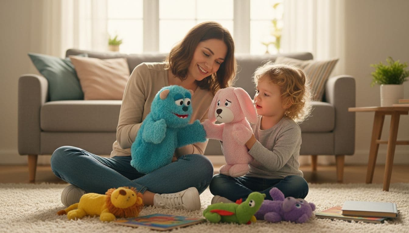 A parent and child on the living room floor use colorful hand puppets in role-play, with one puppet comforting a sad puppet via hug gesture, both engaged and smiling in warm afternoon light.