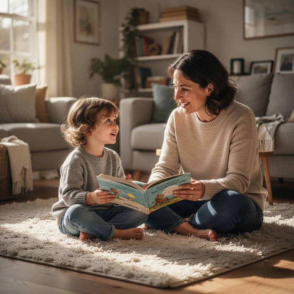 A parent sits on a plush rug across from their young child, both engaged in a gentle conversation. Sunlight spills through nearby windows, illuminating the cozy living room environment.