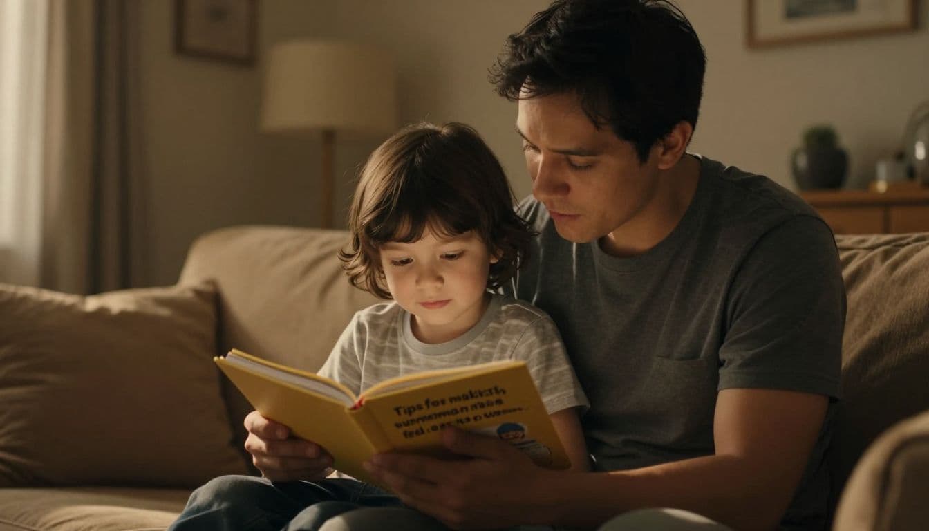 A parent and young child sit together on a plush sofa, sharing an open journal. Soft, golden light illuminates their faces and the surrounding cozy room, highlighting their quiet, focused interaction.