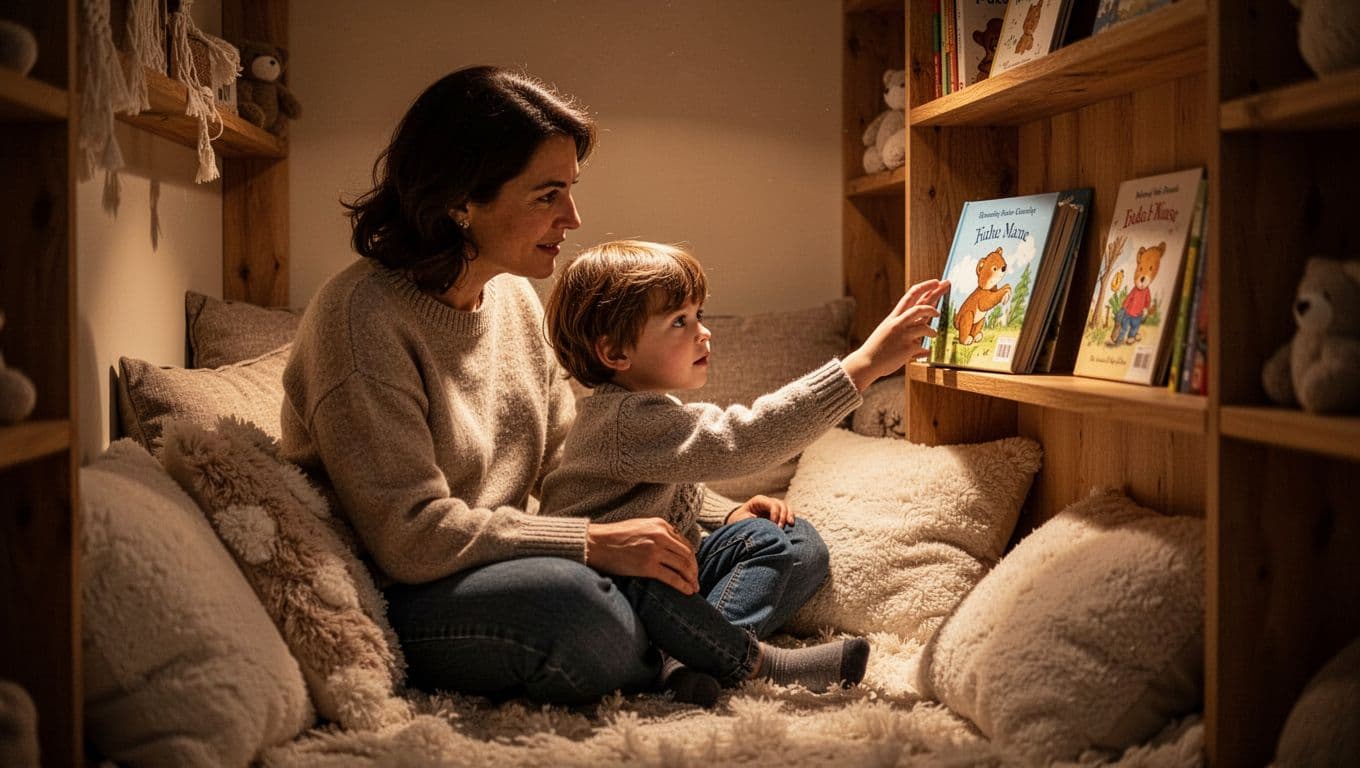 A parent and young toddler sit closely together inside a warmly lit wooden alcove, reaching for a colorful storybook on a nearby shelf. Soft amber light illuminates their focused expressions.