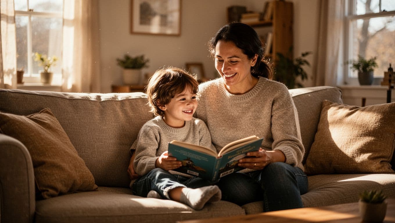 A parent and small child sit closely on a comfortable sofa, smiling as they share an open book. Golden sunlight streams into the living room, highlighting their joyful expressions and connection.