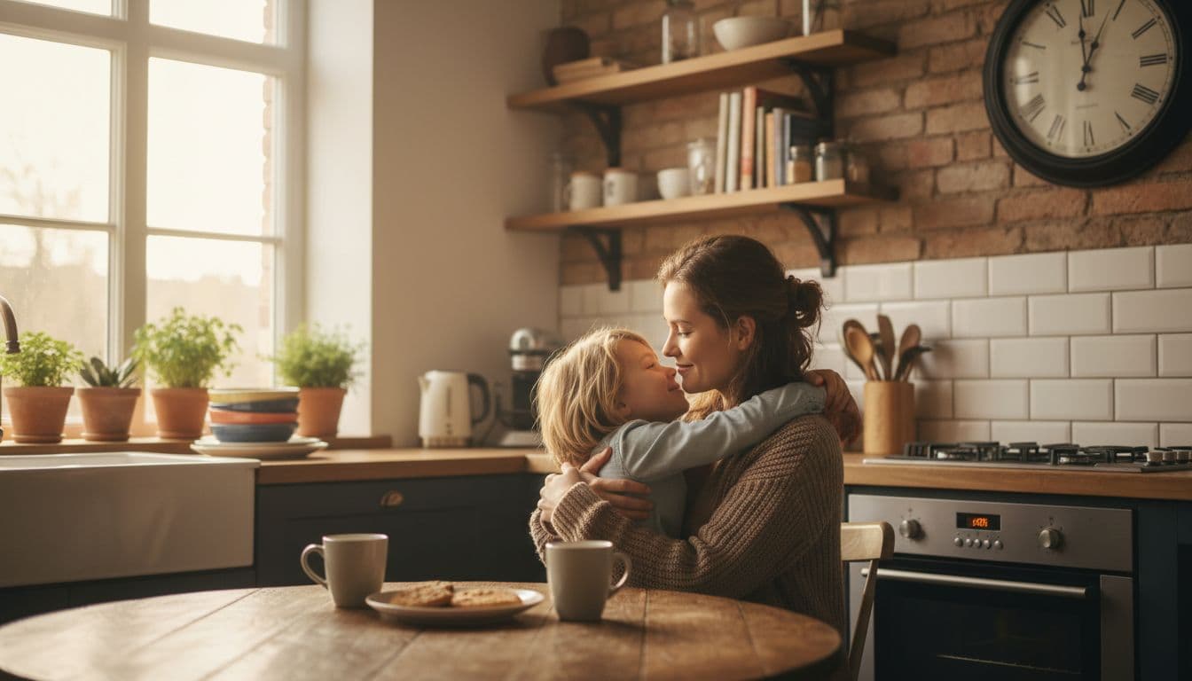 Realistic image of a parent hugging their child after a conflict in a cozy kitchen, both smiling softly reconciled, with warm afternoon light through the window, exactly two people.