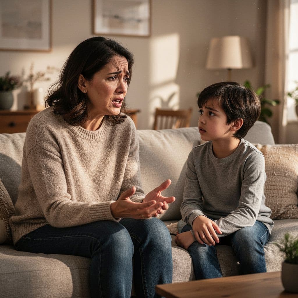 Distressed parent talks on sofa while concerned child listens supportively in cozy living room.