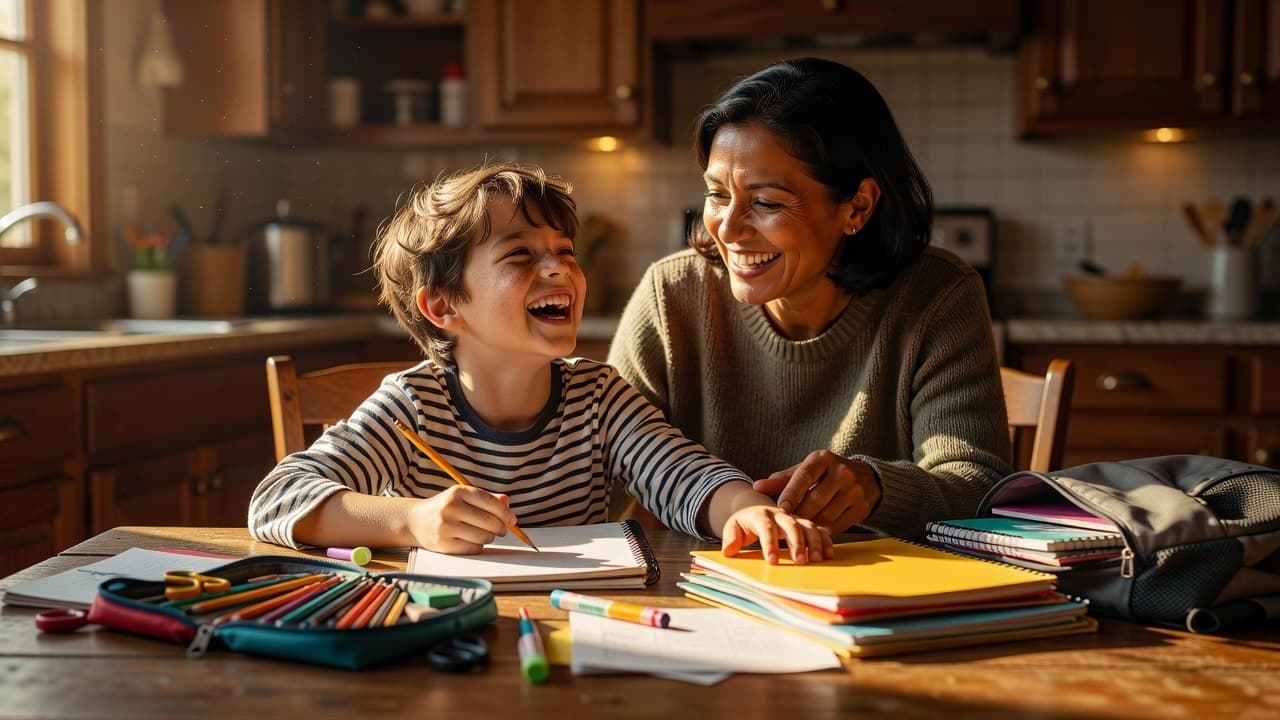 A smiling parent and young child sit at a kitchen table surrounded by colorful notebooks and pens. Warm light illuminates their joyful expressions while they sort through new school supplies together.