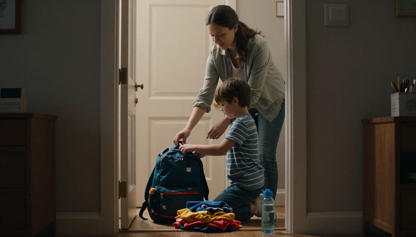 A parent and young child organize school supplies, including a backpack and water bottle, near the entryway. Warm ambient light creates deep shadows, emphasizing their shared task for the morning.