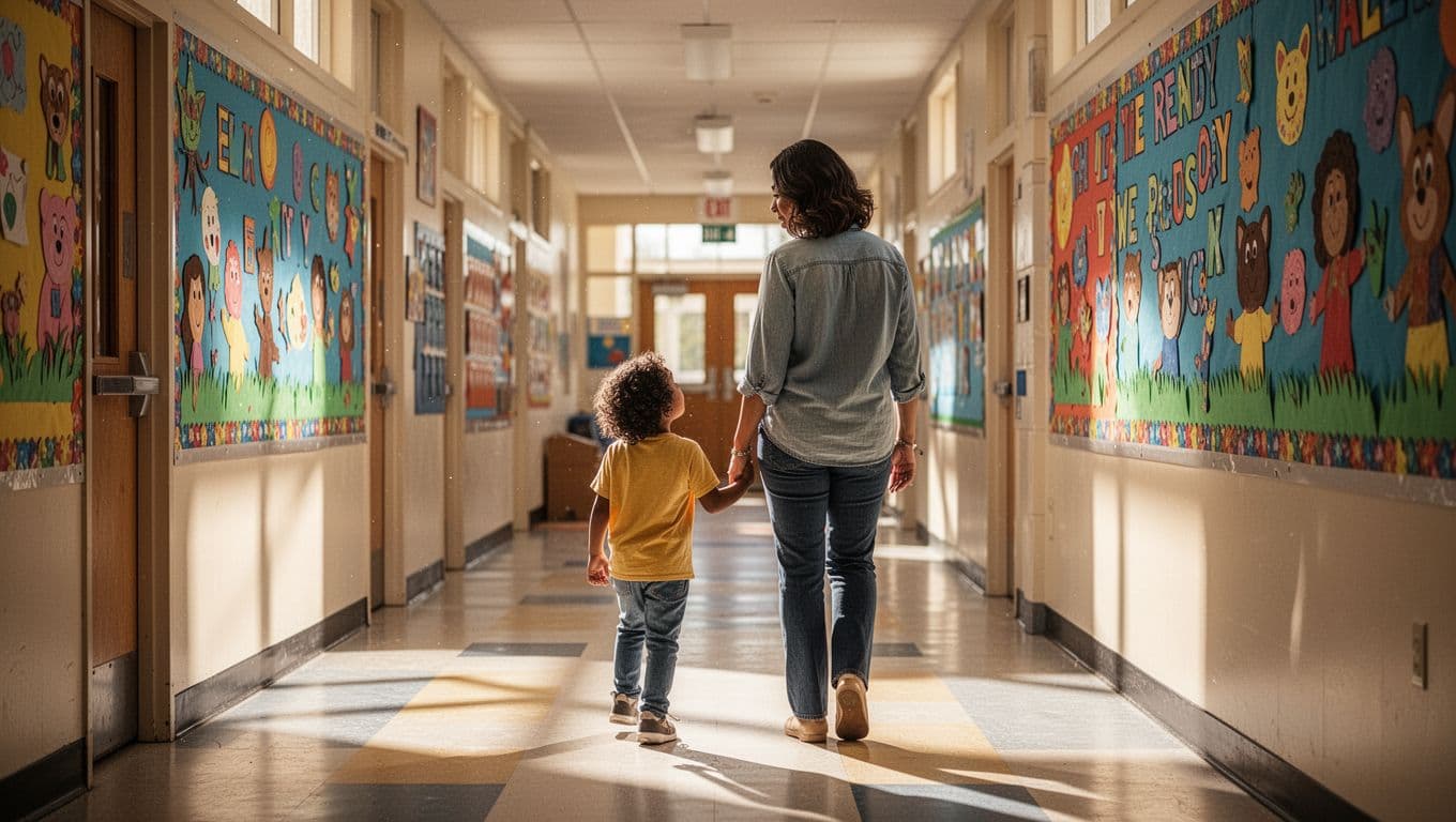 A parent and small child walk hand-in-hand down a bright, sunlit school corridor lined with colorful paper decorations. They look curiously at the creative artwork displayed on the warm yellow walls.