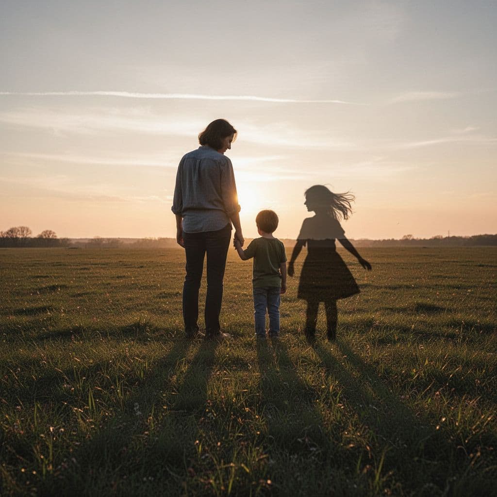 Silhouettes of parent and child in sunset field; parent's shadow shows child comforting adult, child's shows carefree kid.