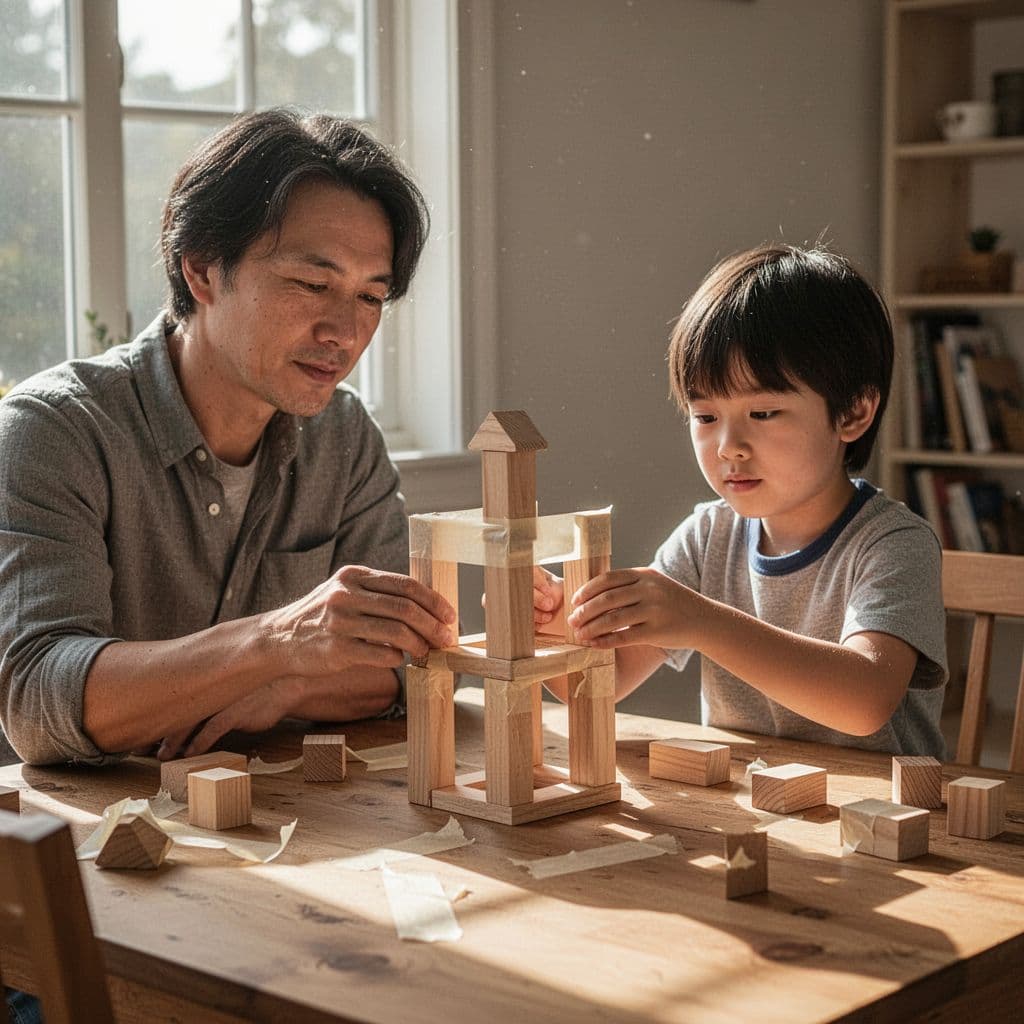 Parent and young child sit at sunlit wooden table building with wooden blocks and masking tape.