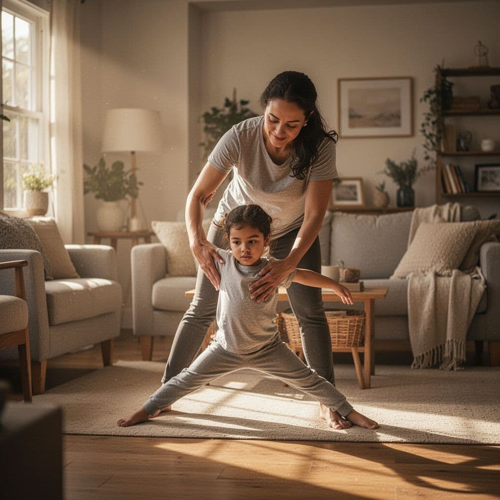 A parent gently helps a young child perform a calm stretch in a sunlit living room. Warm light illuminates their coordinated movements, emphasizing safety and closeness during their physical activity session.