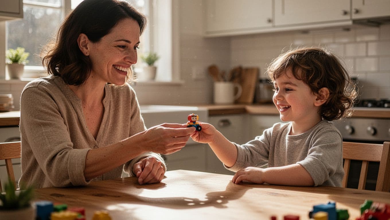 Smiling parent hands toy to young child at kitchen table; child smiles ready to hand back.