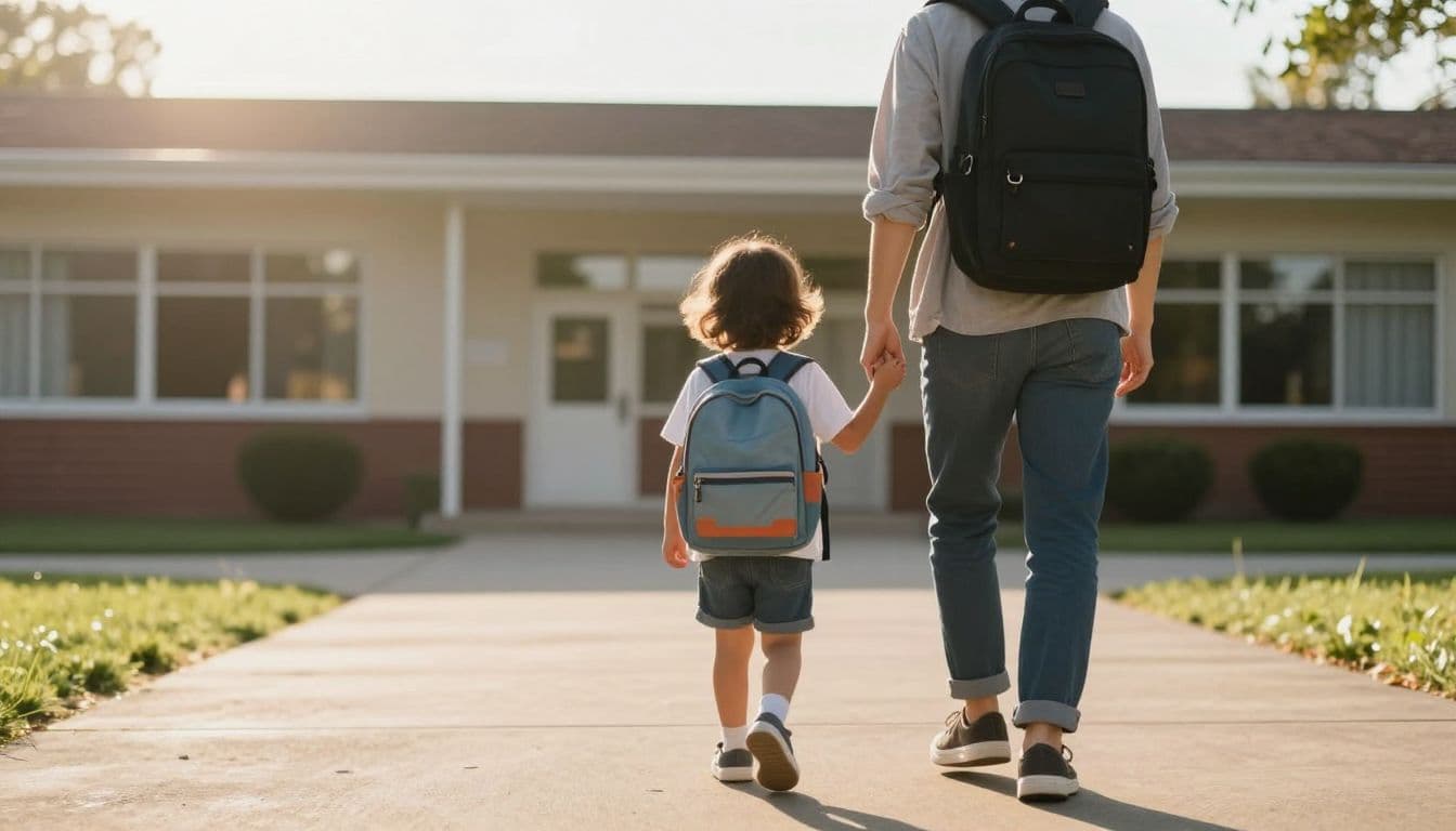 A parent holding hands with a young child as they walk together toward a school entrance. Soft golden morning light illuminates the path while casting long shadows behind them.