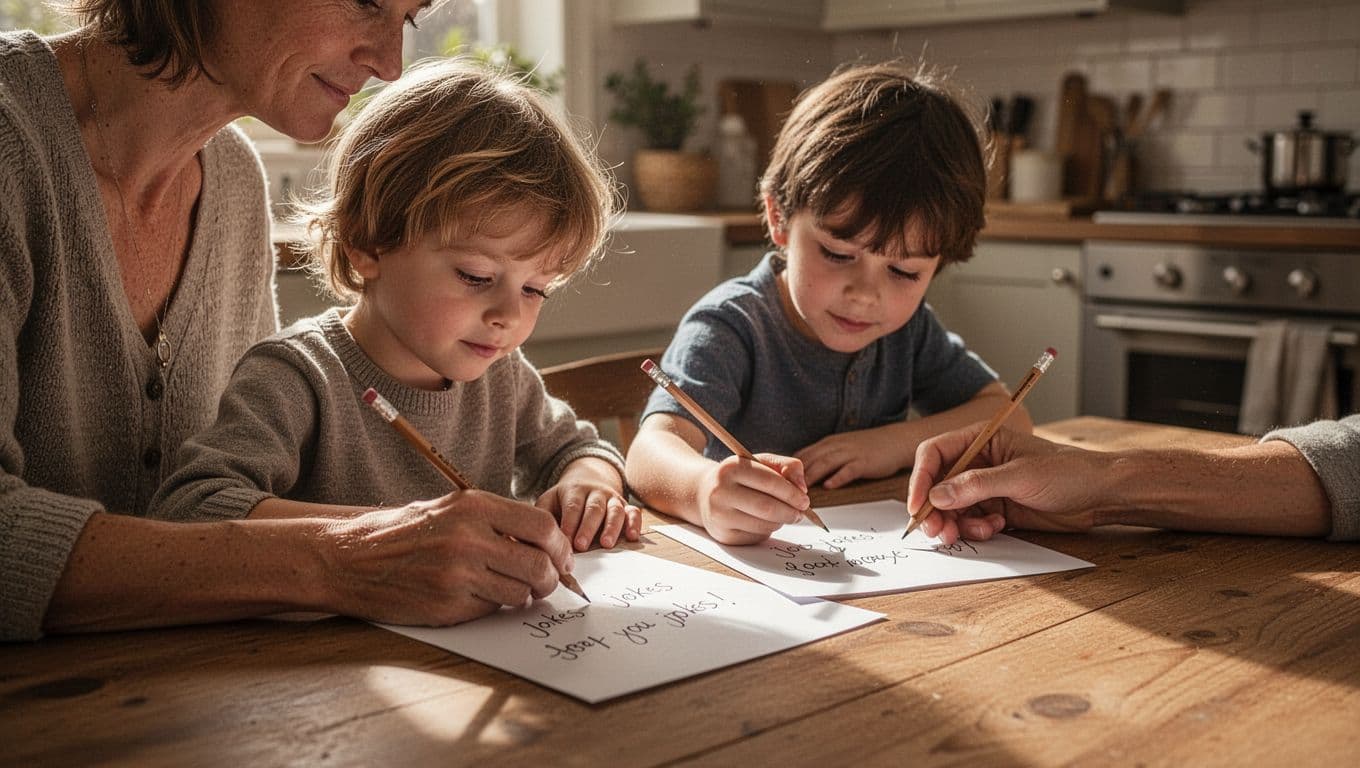 A parent and young child sit at a sturdy wooden kitchen table covered in loose paper and colored pencils. Warm afternoon sunlight streams across their creative, collaborative activity in a home.