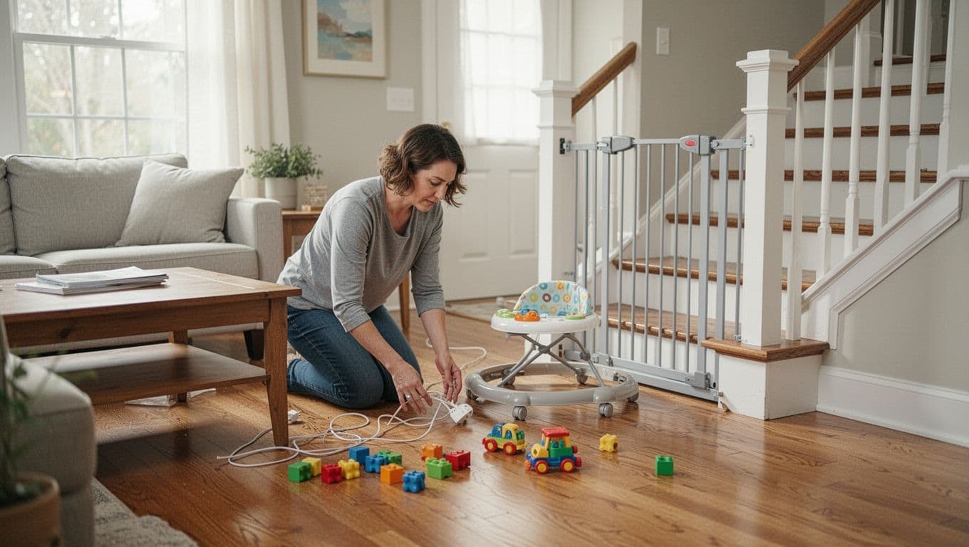 Kneeling parent clears cords and toys from hardwood floor, installs baby gate, and moves coffee table in bright living room.