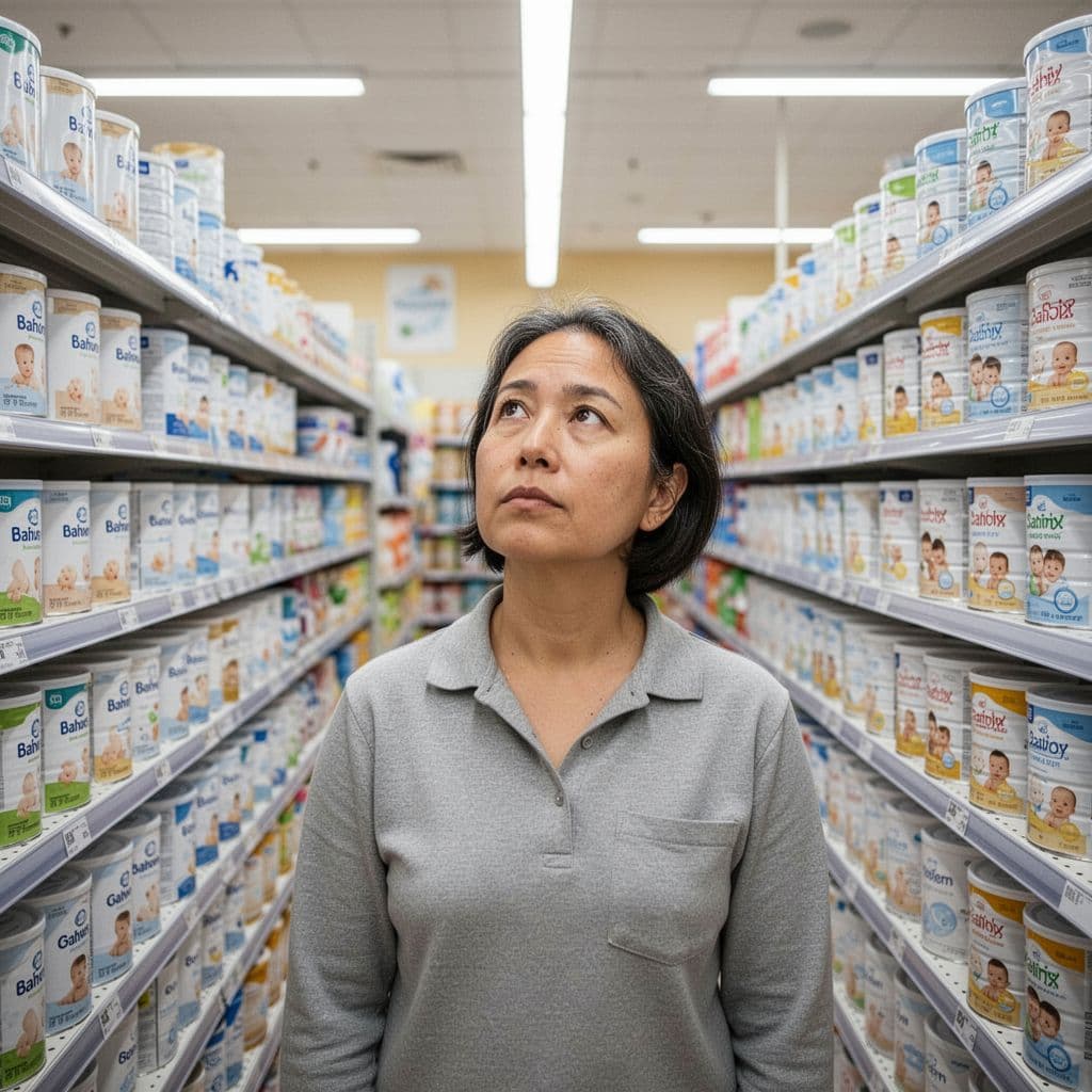 A focused parent stands in a grocery aisle looking at various baby formula cans.