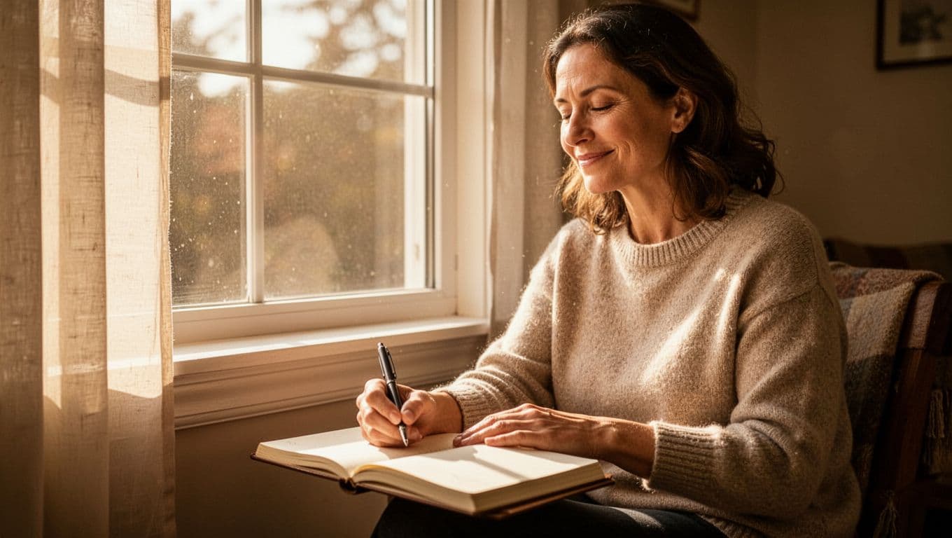 A focused parent sits in a sunlit corner holding a pen over an open journal. Soft golden light illuminates the page as they carefully contemplate names for their newborn baby.