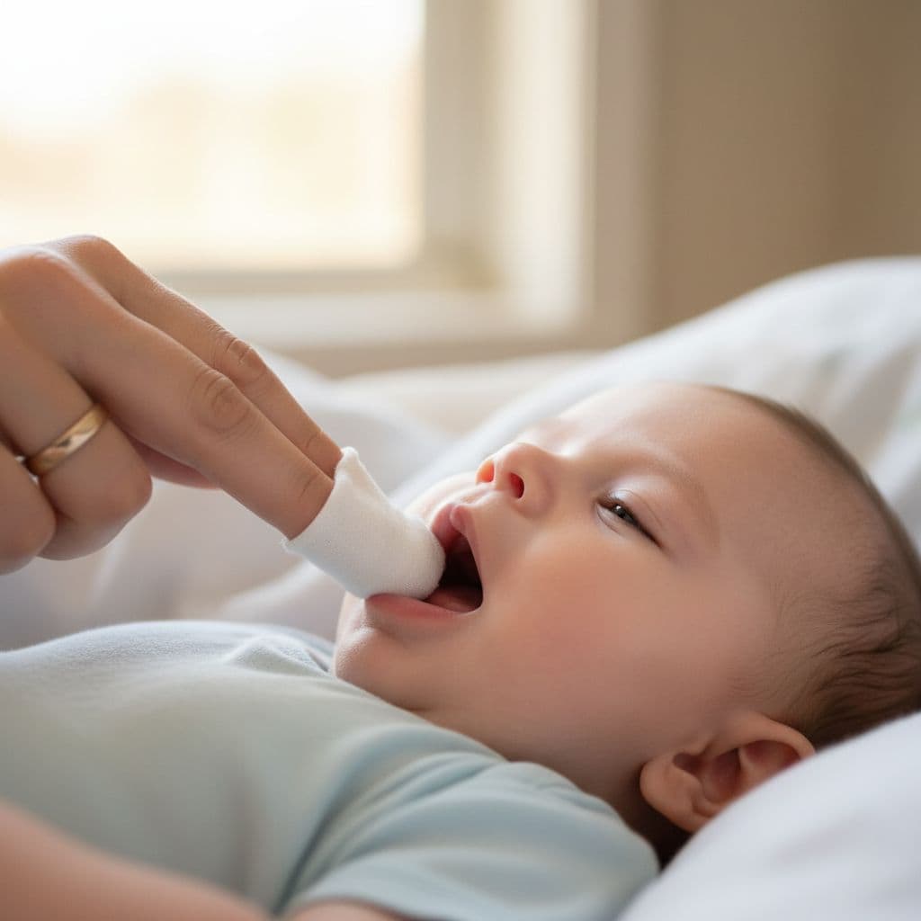 A parent uses a soft white cloth to gently clean a relaxed baby's gums.