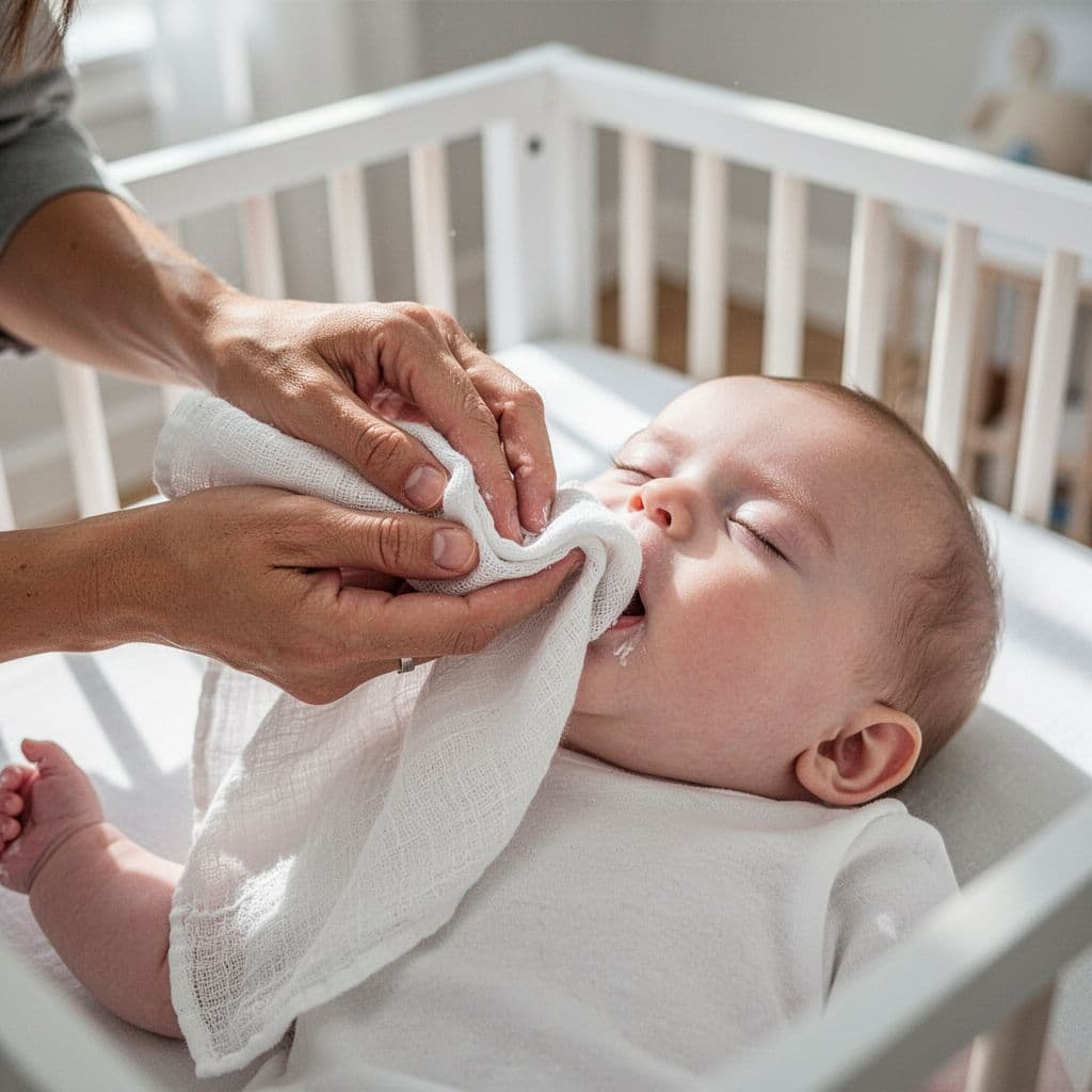 A parent uses a soft white cloth to gently clean a baby's gums in a bright nursery.