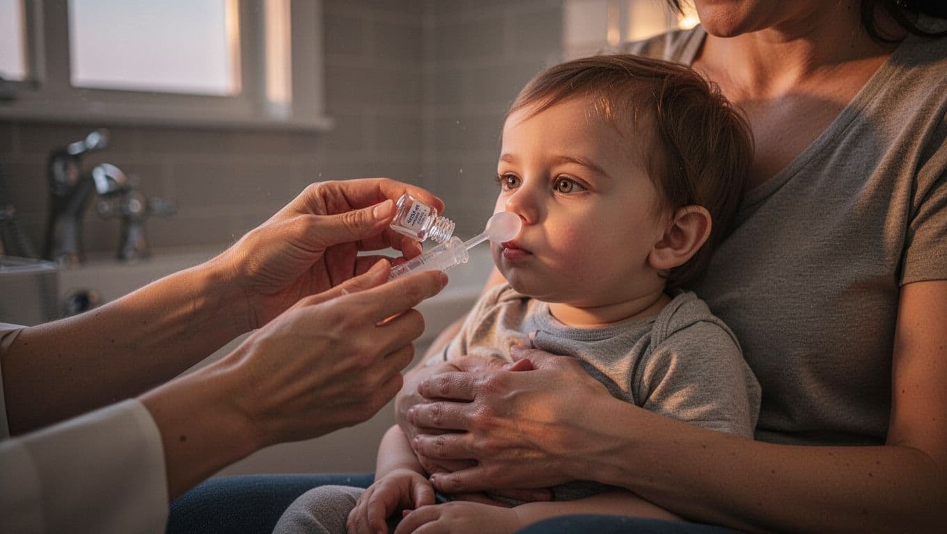 Parent uses saline drops and bulb syringe to clear toddler's nose, child on lap in bathroom.
